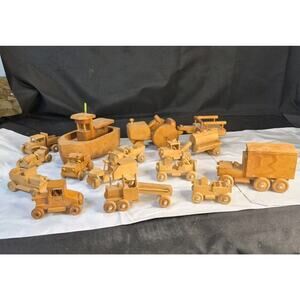 Lot Of 15 Vintage Wooden Construction Trucks Tow Truck Boat Tractor Many More